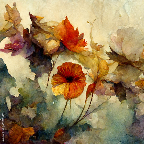 Autumn watercolor floral background. Vintage watercolour autumn painting