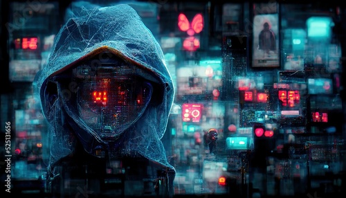 A dangerous hacker in a hood is hacking into data servers. The concept of cyberwar hackers with a hood of the dark web. 3d render photo