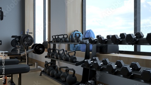 3d rendering Modern light gym. Sports equipment in gym. Barbells of different weight on rack.