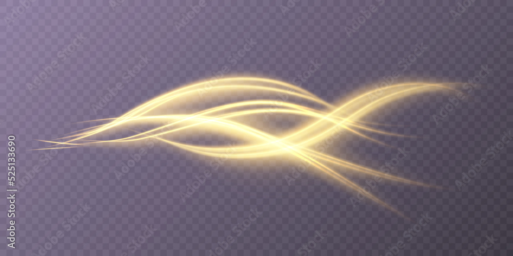 Abstract wavy golden light line on transparent background. Energy flow of light. Vector