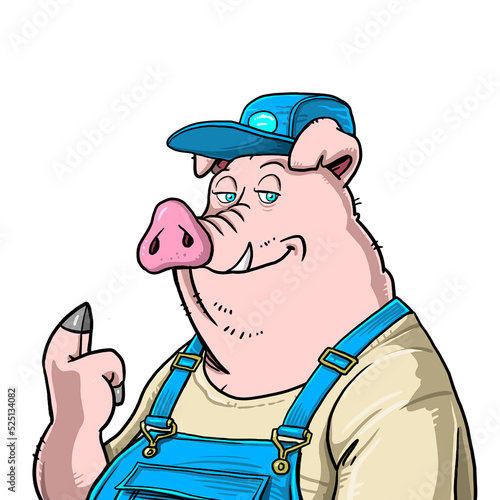 a smiling pig mascot dressed as a farmer