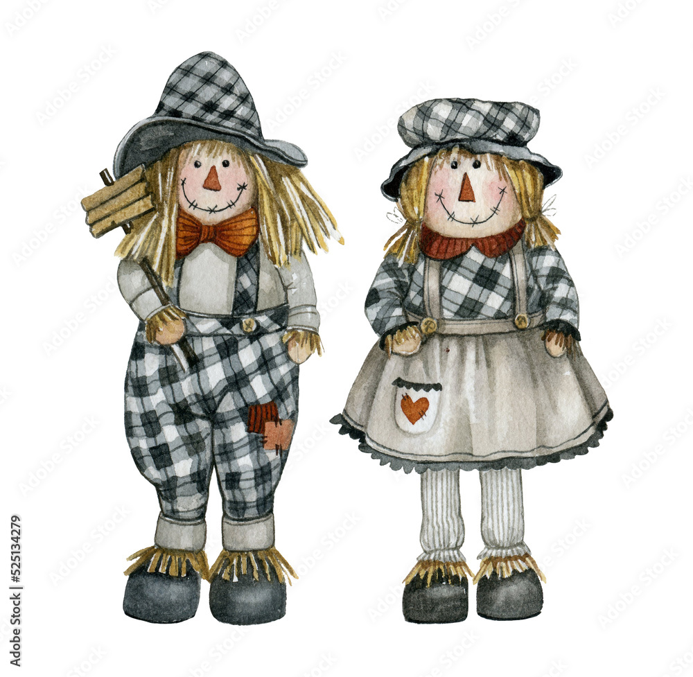 Watercolor farmhouse couple scarecrow illustration isolated on white. Autumn harvest American style girl and boy scarecrow.Thanksgiving fall background for card, invitation, and country graphics.