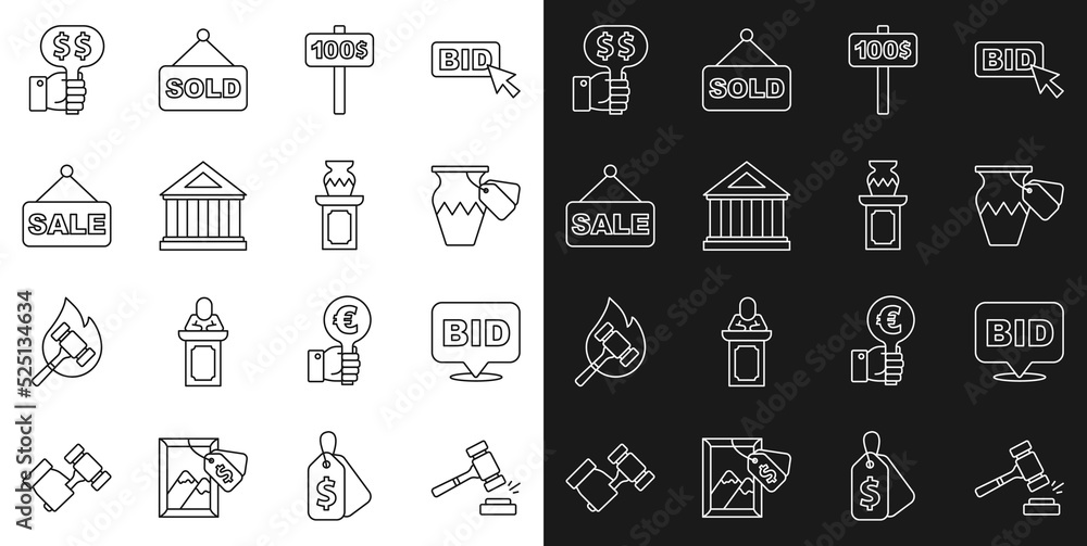 Set line Auction hammer, Bid, ancient vase, Hand holding auction paddle, Museum building, Price tag with Sale, and icon. Vector Set line Auction hammer, Bid, ancient vase, Hand holding auction paddle, Museum building, Price tag with Sale, and icon. Vector