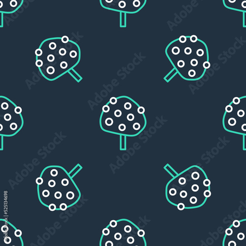 Line Orange tree with fruits icon isolated seamless pattern on black background. Vector