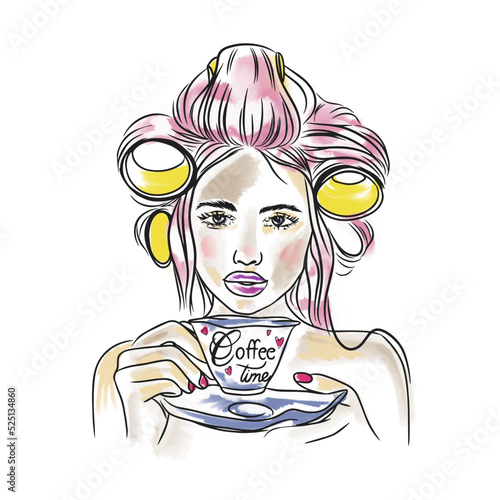 Coffee time, handwritten quote, beautiful girl with curlers on her head drinking coffee
