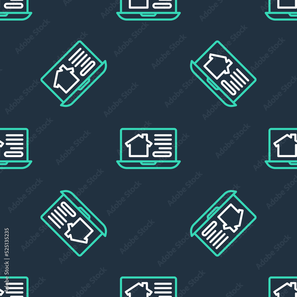Line Online real estate house on laptop icon isolated seamless pattern on black background. Home loan concept, rent, buy, buying a property. Vector Line Online real estate house on laptop icon isolated seamless pattern on black background. Home loan concept, rent, buy, buying a property. Vector
