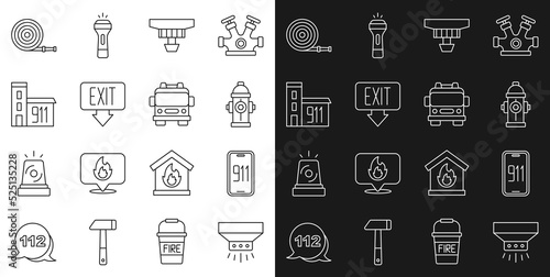 Set line Fire sprinkler system, Mobile emergency call 911, hydrant, Smoke alarm, exit, Building of fire station, hose reel and truck icon. Vector