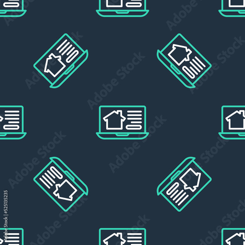 Line Online real estate house on laptop icon isolated seamless pattern on black background. Home loan concept, rent, buy, buying a property. Vector © vector_v