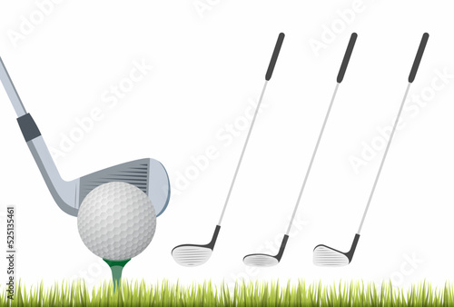 Set of Different Golf Clubs and a Golf Ball on Tee