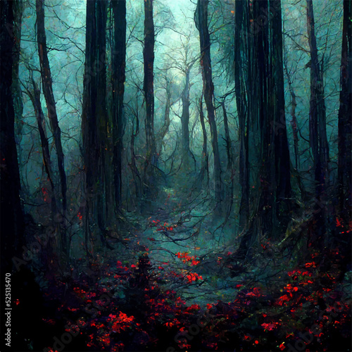 Dark fairy forest with scary trees and red flowers in the foreground