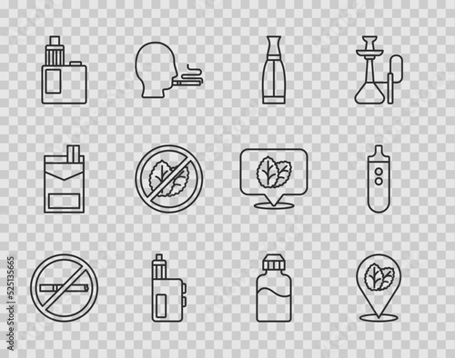 Set line No smoking, Tobacco leaf, Vape liquid bottle, mod device, tobacco, and Electronic cigarette icon. Vector