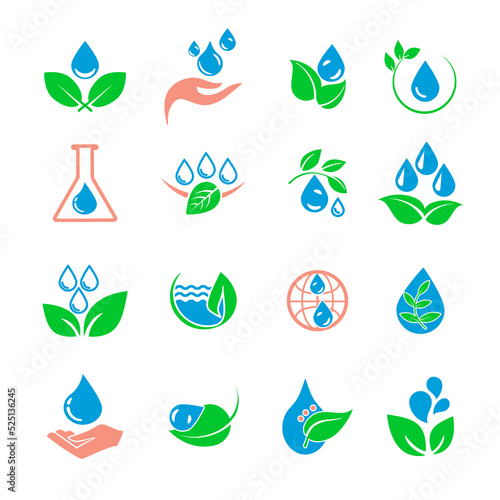 Vector set of water drop icons on leaves, watering, irrigation, on a white background.