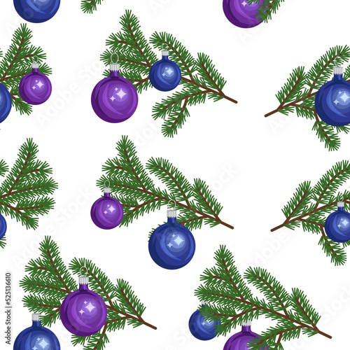 Seamless Christmas pattern fir branch decorated with glass balls in blue and purple on a white background.Vector pattern can be used in festive designs,textiles,paper.