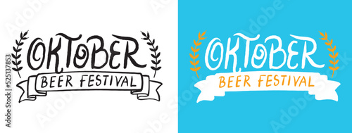 Vector Oktoberfest typo, creative calligraphic font for beer festival with decorative icons, unique typeface for oktoberfest on white and blue backgrounds, unique typography for german beer festival