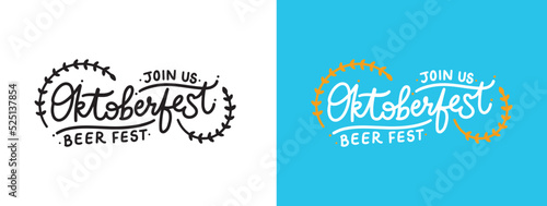 Vector Oktoberfest typo, creative calligraphic font for beer festival with decorative icons, unique typeface for oktoberfest on white and blue backgrounds, unique typography for german beer festival