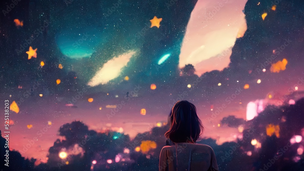 Anime girl stargazing. Cute girl looking at the night sky. Atmospheric