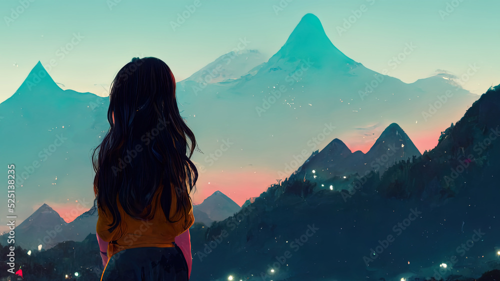 Naklejka premium anime, manga, girl, lofi, lo-fi, beautiful, looking, distance, chill, romantic, landscape, colorful, atmospheric, relaxing, vibe, woman, drawing, digital painting, sad, moody, happy, feelings, 