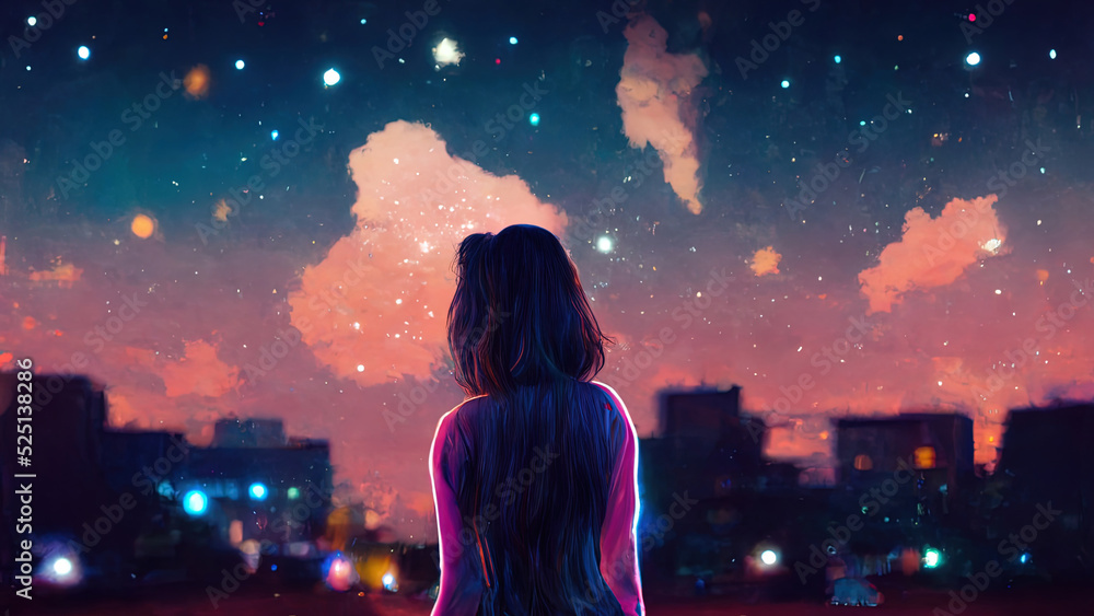 Anime girl looking at a city by night. Cute woman looking at the ...