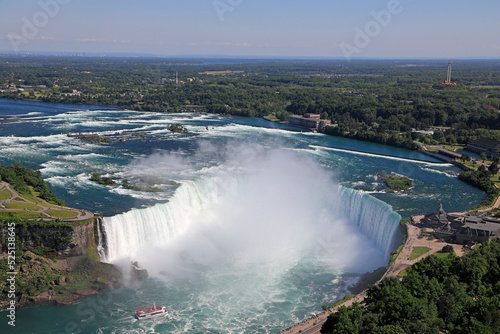 Aerial view of Horseshoe Falls including Hornblower Boat sailing on Niagara River  Canada and USA natural border