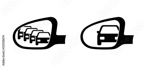 side rear-view mirror on a, reflection of traffic flow. Car rear view mirror. View mirror car, traffic on the road. Car pictogram or icon. Vector cars on the highway. Car wing mirror. Rear view.