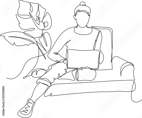 Coworking line art. Vector illustration of a girl working online in a cozy environment. Freehand drawing. Organization of a workplace for remote work