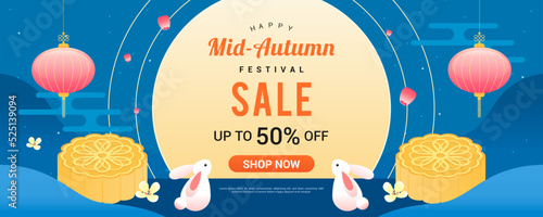 Happy Mid-Autumn festival Sale Banner Vector illustration.  Rabbit and mooncake on night scenery.