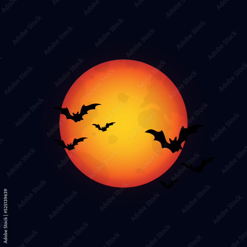 Halloween background. The red moon and bats on a dark background. Night sky.Halloween design. Vector illustration