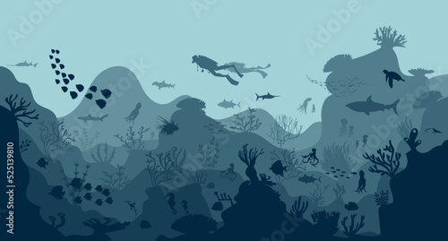 Fototapeta Naklejka Na Ścianę i Meble -  silhouette of coral reef with fish on blue sea background underwater vector illustration
