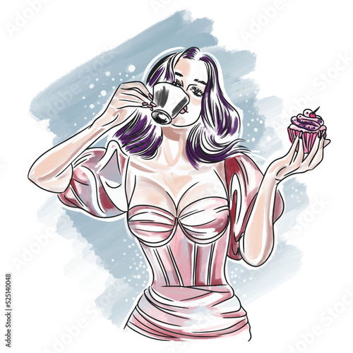 A beautiful girl drinks coffee and holds a cake in her hand, delicious food, watercolor