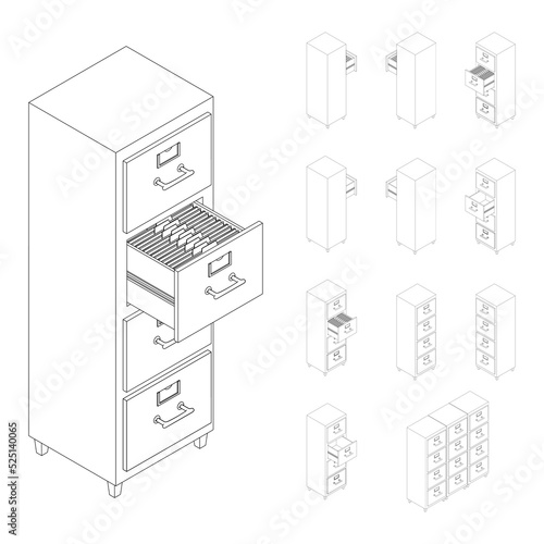 Line large isometric set of drawers with documents. Isometric iron drawer from an old cabinet with secret documents. Saving data on paper. Vector illustration in cartoon style. Office furniture.