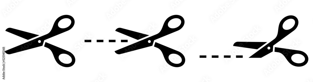 Scissors with cut lines symbols isolated on white background. Scissors icons set. Vector illustration - obrazy, fototapety, plakaty 