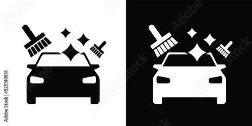 Dry cleaning car vector logo. Clean automobile silhouette, brushes and shine. Car detailing service icon