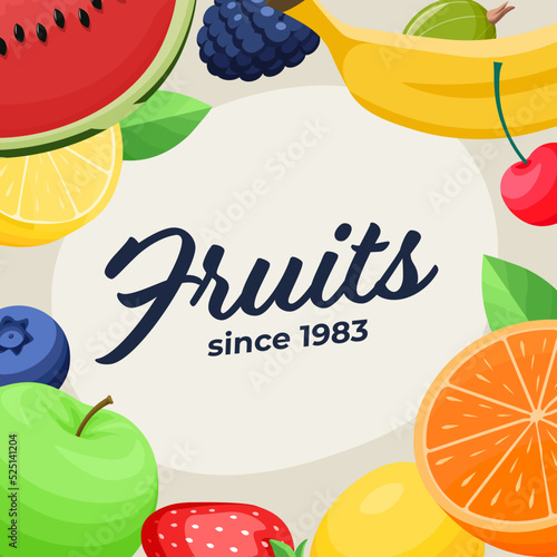 Fruits menu vector template with different fruits cartoon illustrations. Banana, apple, orange, lemon, blueberry, strawberry, watermelon, cherry. Berries and fruits menu with logo. 