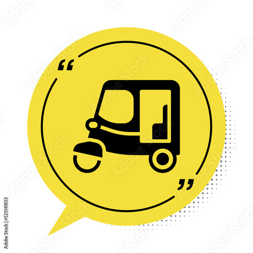 Black Taxi tuk tuk icon isolated on white background. Indian auto rickshaw concept. Delhi auto. Yellow speech bubble symbol. Vector