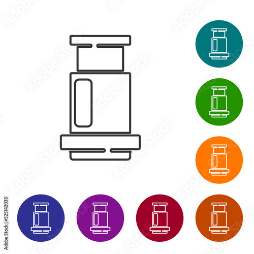 Black line Aeropress coffee method icon isolated on white background. Device for brewing coffee. Set icons in color circle buttons. Vector