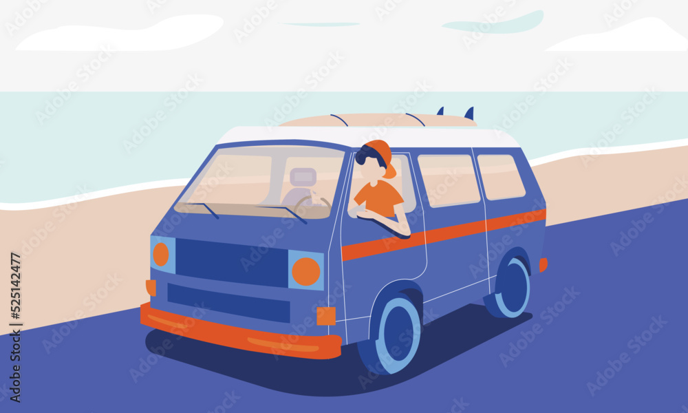 Van life wallpaper. A man driving van with a Surfboard on the road at the beach