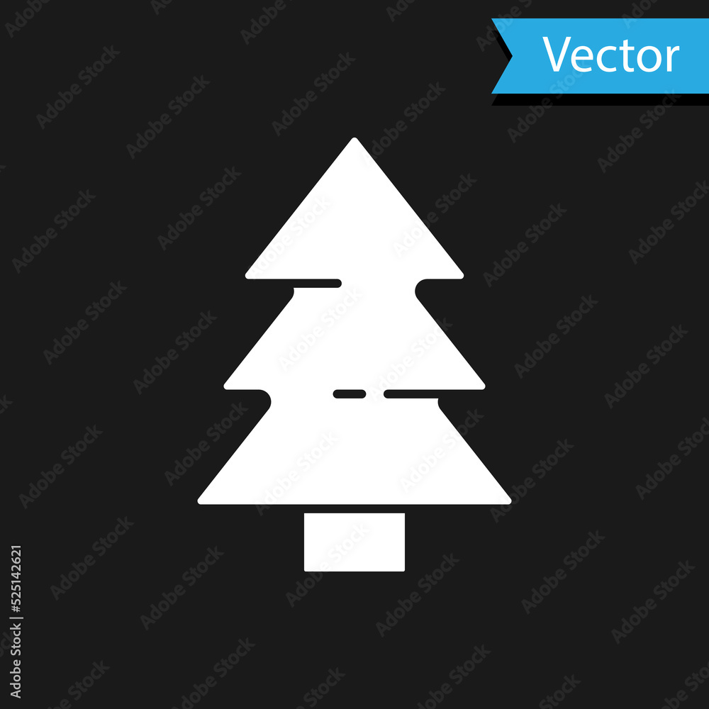 White Christmas tree icon isolated on black background. Merry Christmas and Happy New Year. Vector