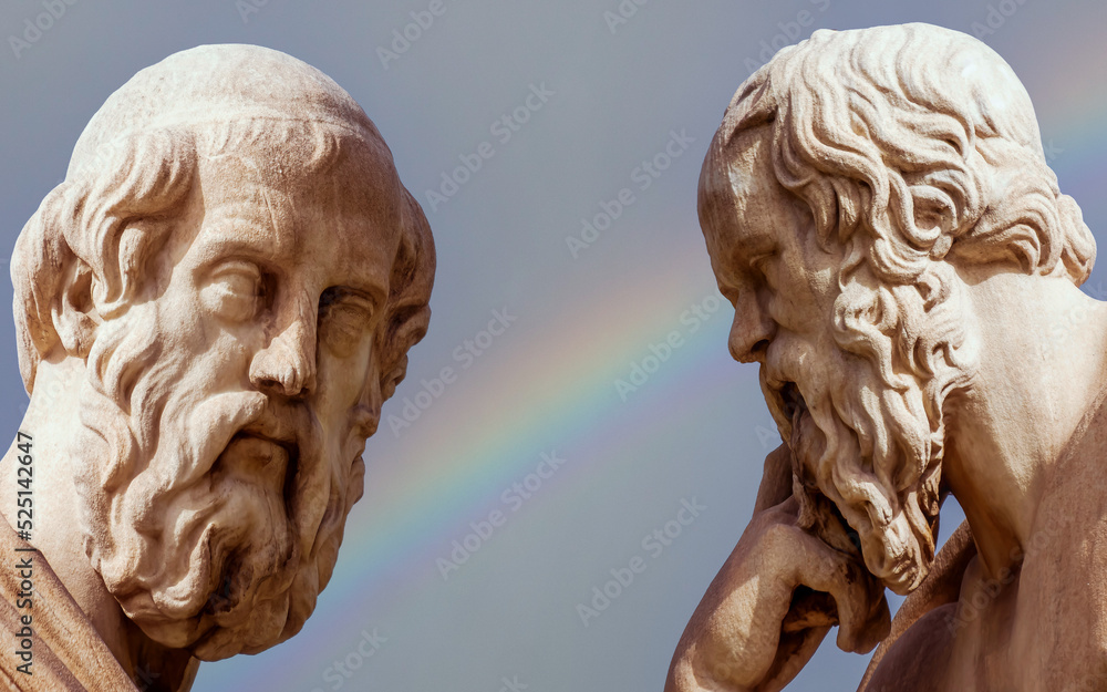 Plato and Socrates, the ancient Greek philosophers, with thoughtful