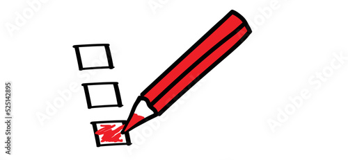 To do list, Bucket list or for election. Hand holding red pencil with red cross, line pattern. Line draw brushes. Check mark or checklist pen icon or symbol. Crayons colored pencil.