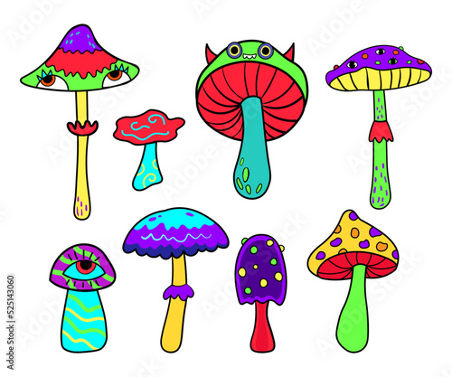 Set of vector trippy funny doodle monster mushrooms. Magic trippy acid Halloween mushrooms set. Various mushrooms for trippy and funny Halloween