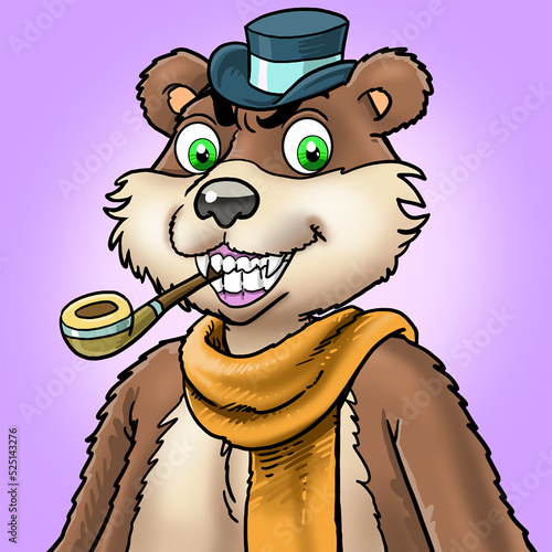 smiling bear mascot with hat and pipe