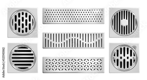 Realistic Drainage Grates Shower Icon Set