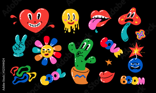 Set of colorful cartoon characters and inscriptions on a black background in retro style. Vector stock illustration.