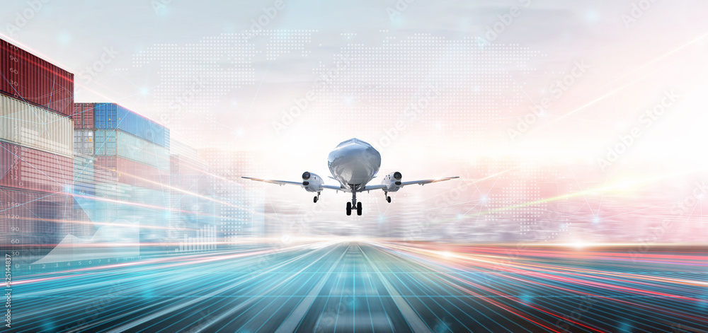 Technology Digital Future of Cargo Plane Logistics Transport Concept, Airplane landing and Airport runway, Modern Futuristic Transportation Import Export Background, Global Business Distribution