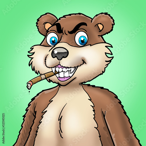 smiling bear mascot with a cigar in his mouth