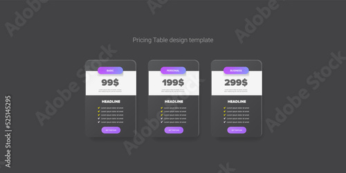 Price table concept vector design template. Pricing or subscription plan ui web elements. Website marketing and promotion landing page template. Product card UI vector illustration