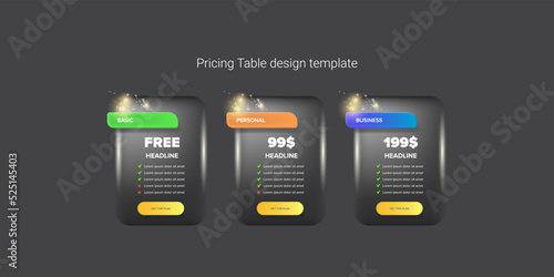 Price table concept vector design template. Pricing or subscription plan ui web elements. Website marketing and promotion landing page template. Product card UI vector illustration