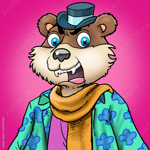 angry bear mascot with hat and suit