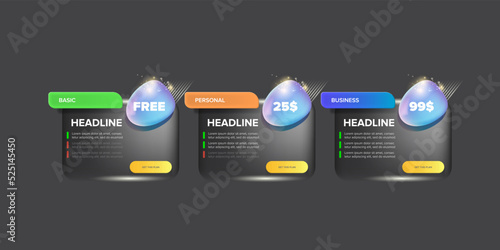 Price table concept vector design template. Pricing or subscription plan ui web elements. Website marketing and promotion landing page template. Product card UI vector illustration