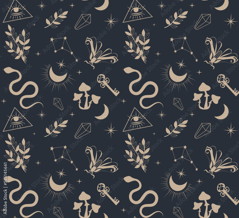 Seamless Magic Pattern with snake, butterfly, moon, floral elements. Doodle esoteric, boho mystical hand drawn elements. Magic and witchcraft, witch esoteric alchemy. Icons set. Vector illustration. Seamless Magic Pattern with snake, butterfly, moon, floral elements. Doodle esoteric, boho mystical hand drawn elements. Magic and witchcraft, witch esoteric alchemy. Icons set. Vector illustration.